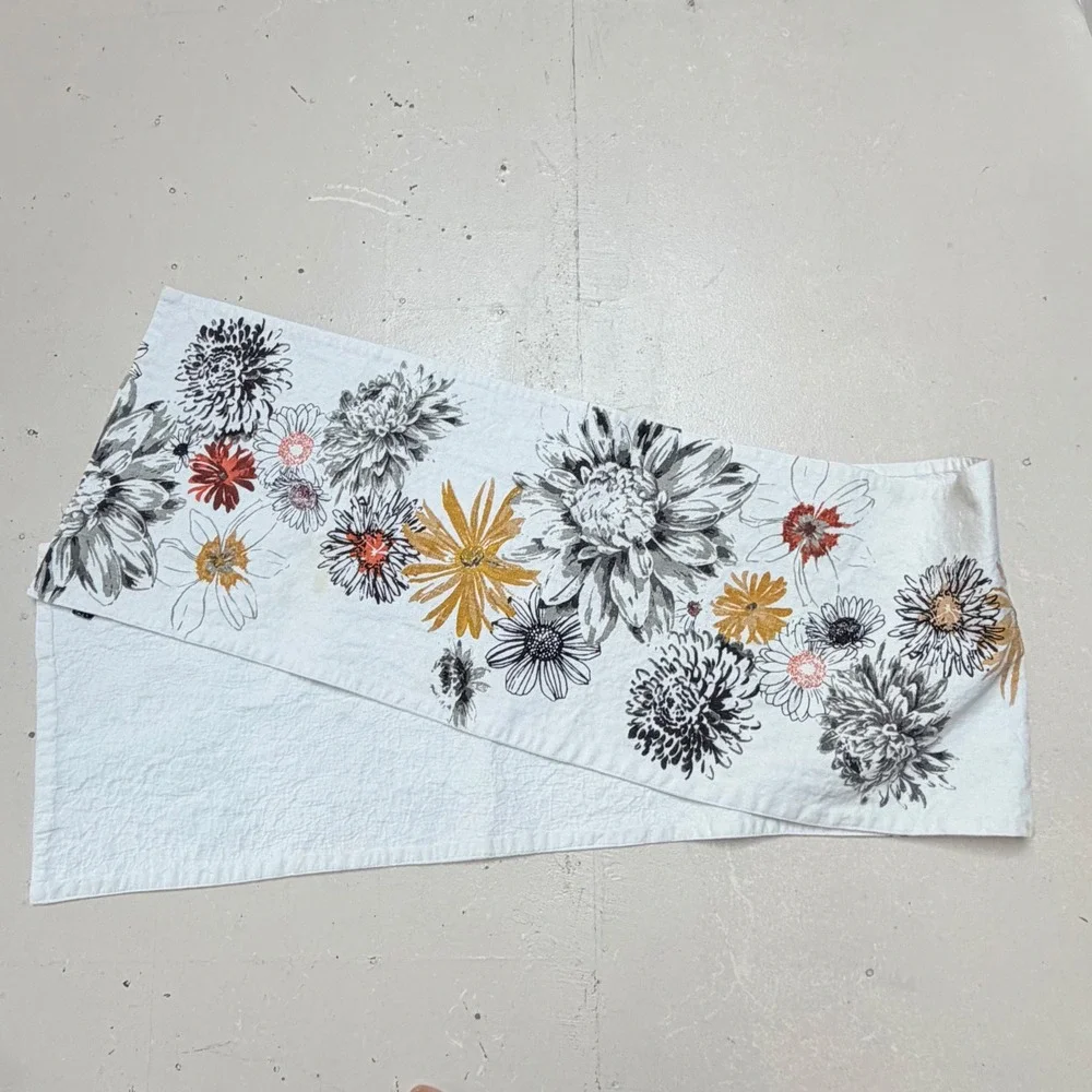 Rachel Zoe White Cotton Floral Table Runner Mustard Orange Grey 82 x 15 Inch